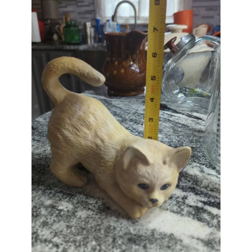 Vintage Playful Yellow Tabby Cat Bisque Ceramic Kitty Figurine Pouncing Kitten